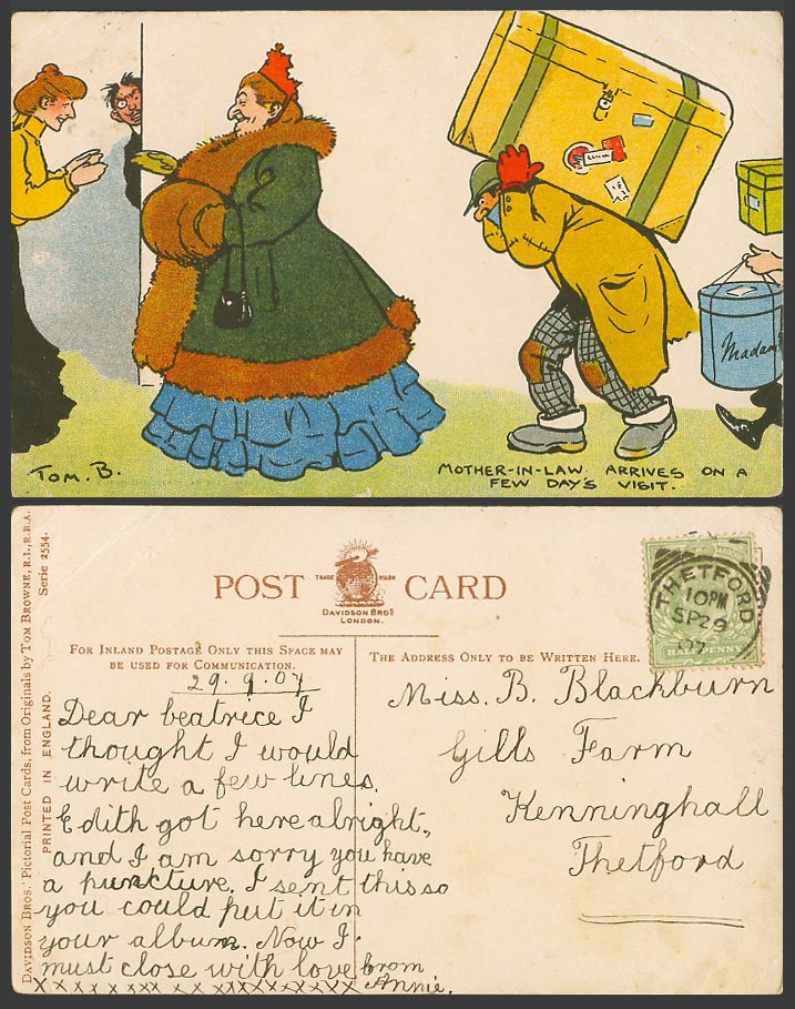 Tom B Browne Artist Signed 1907 Old Postcard Mother-in-Law Arrives Few Day Visit
