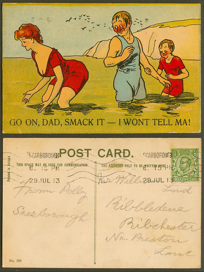 Seaside Comic Humour, Go On, Dad, Smack It - I won't Tell Ma! 1913 Old Postcard