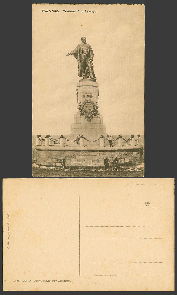 Egypt Old Postcard Port Said Monument to Ferdinand de Lesseps Statue Memorial CA