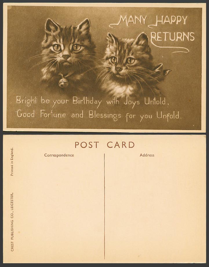 Minnie Keene Cats Kittens Cat Kitten Bell Collar Many Happy Returns Old Postcard