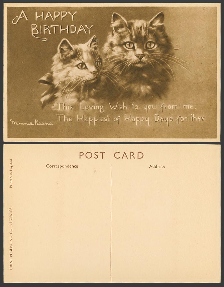 Minnie Keene Artist Signed Cats Kittens Cat Kitten A Happy Birthday Old Postcard