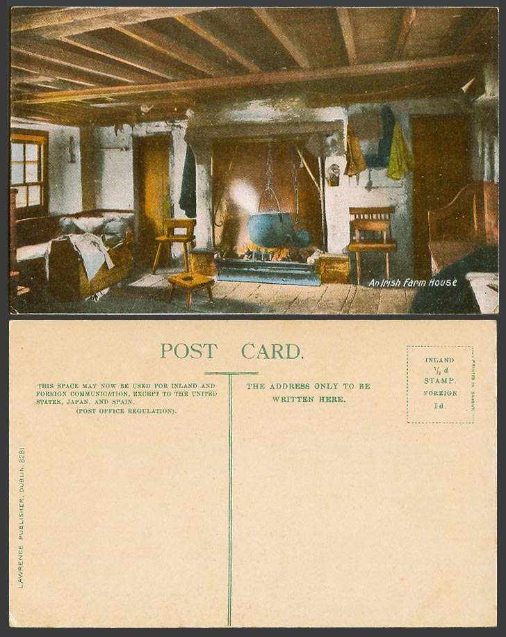 Ireland Old Colour Postcard An Irish Farm House Interior, Cauldron Fireplace Bed