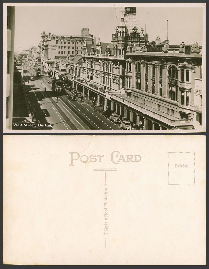 South Africa Old Real Photo Postcard West Street Scene Durban, TRAM Tramway Cars