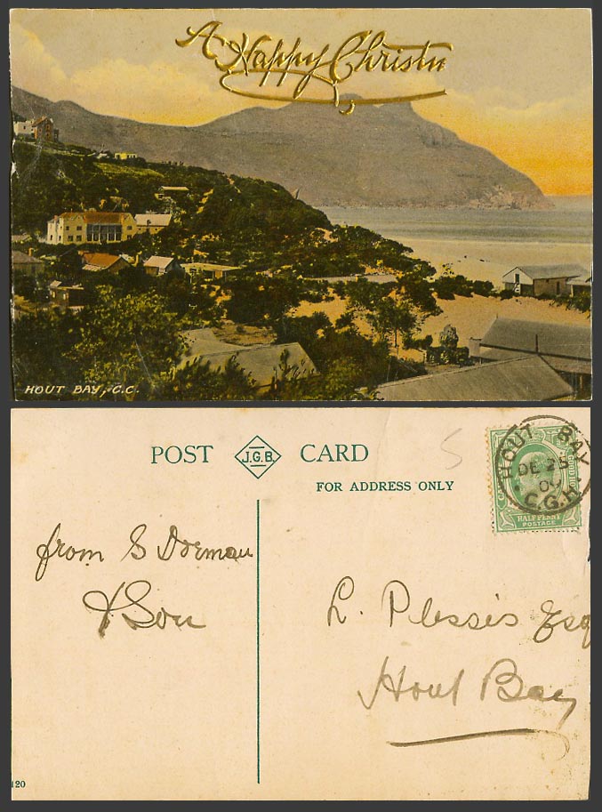 South Africa KE7 1/2d 1909 Old Colour Postcard Hout Bay C.C. - A Happy Christmas