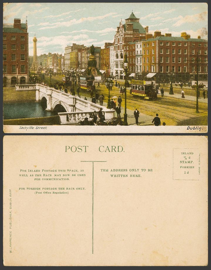 Ireland Old Colour Postcard Co Dublin Sackville Street Scene Bridge TRAM Tramway