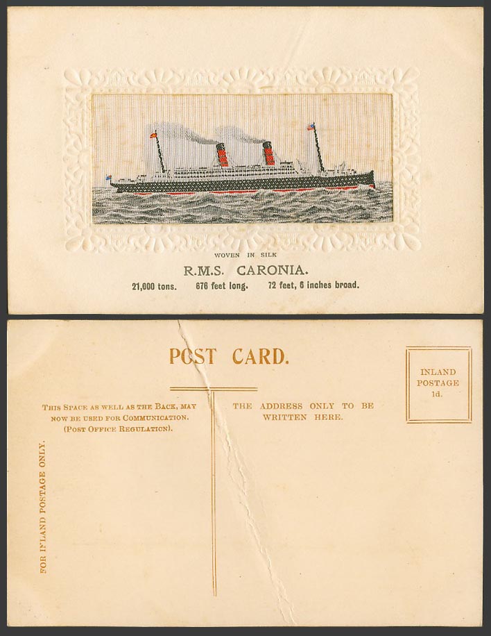 R.M.S. Caronia Royal Mail Steamer Steam Ship WW1 Woven in SILK 1914 Old Postcard