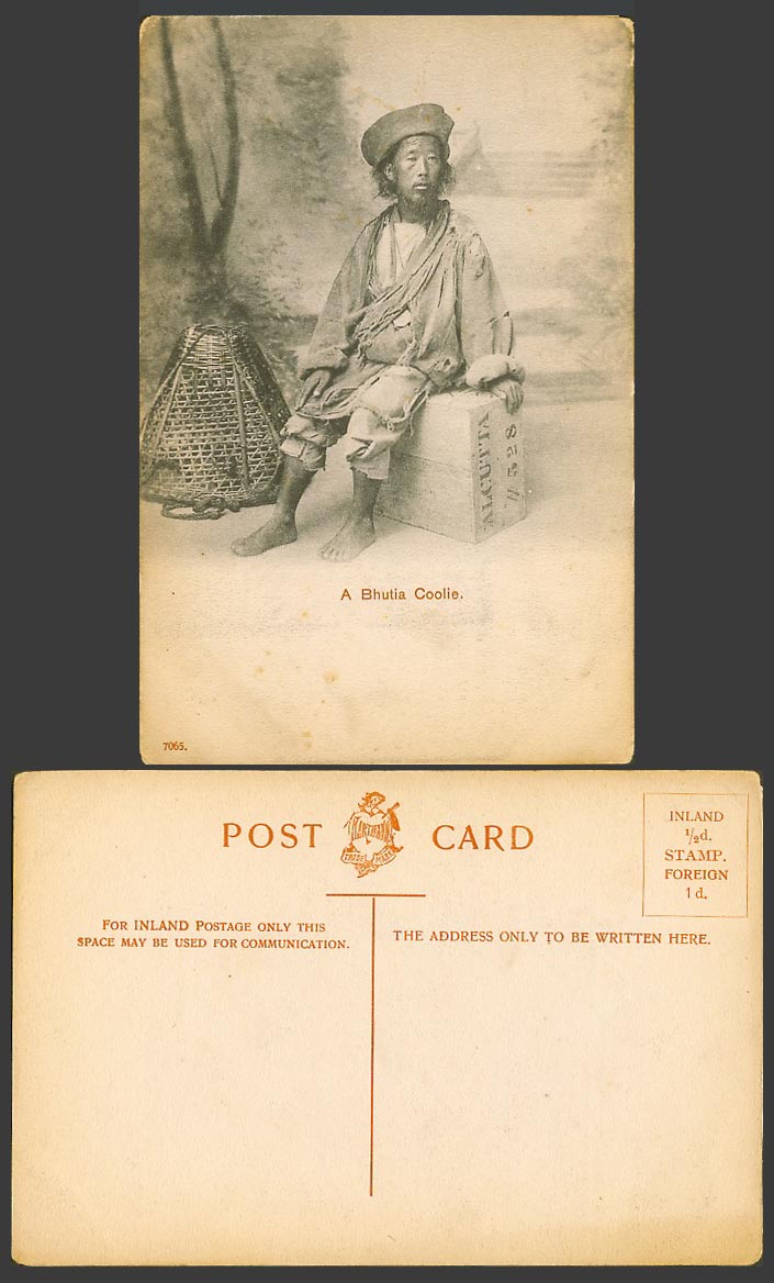 TIBET China Old Postcard A Native Tibetan BHUTIA COOLIE on Box with Calcutta 528