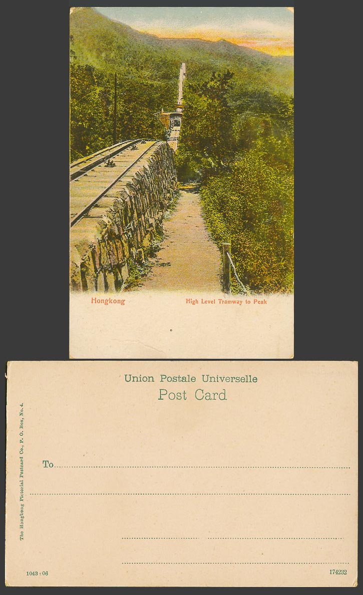 Hong Kong Old Colour UB Postcard High Level Tramway to Peak, TRAM, Bridges Hills