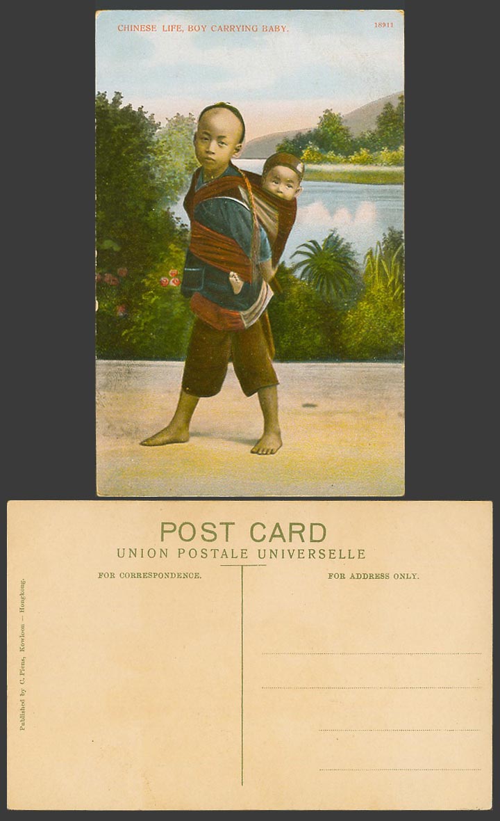 Hong Kong Old Colour Postcard Chinese Life Native Boy Carrying Baby Brother Back