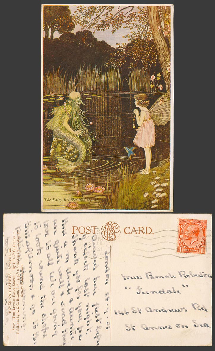 OUTHWAITE 1931 Old Postcard FAIRY BRIDGET MERMAN Little Fairies Sister Blue Bird