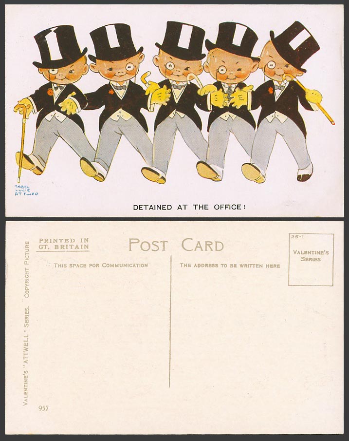 MABEL LUCIE ATTWELL Old Postcard Detained at Office Dancer Boys Monocle Hats 957
