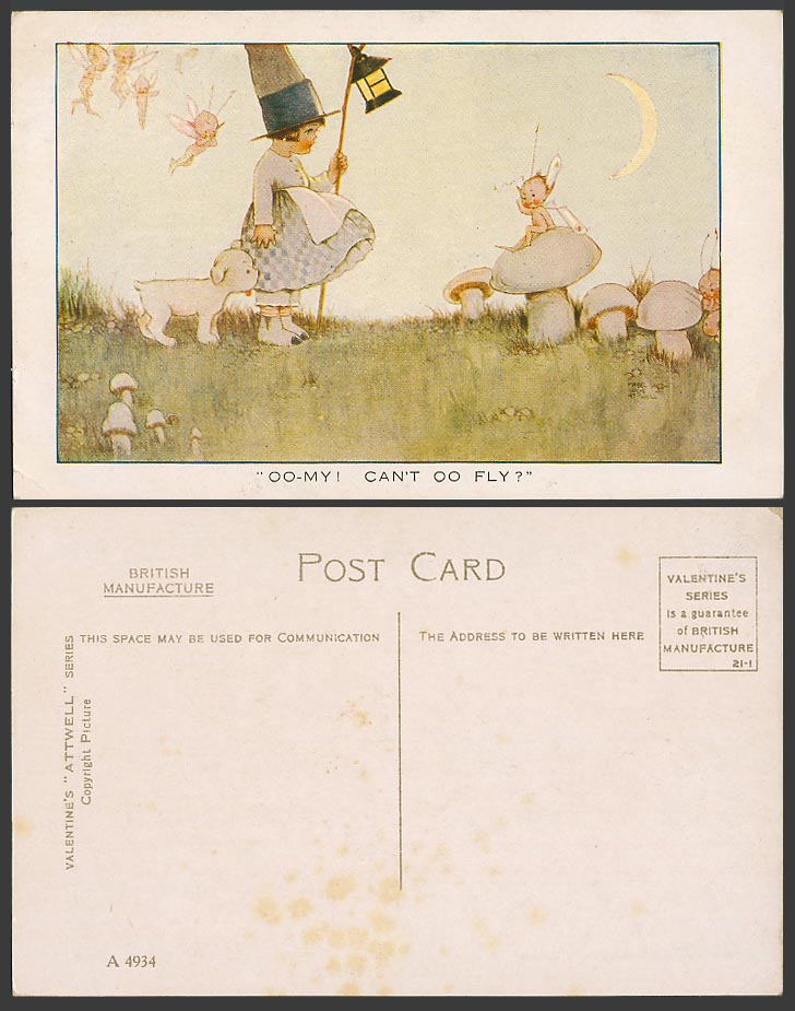 MABEL LUCIE ATTWELL Old Postcard OO-My Can't OO Fly Witch Girl Dog Fairies A4934