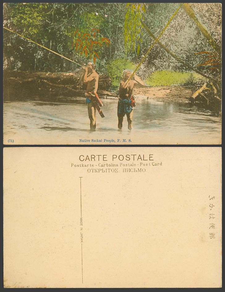 F.M.S. Malaya Old Postcard Native Sakai Sackai People with Blowgun Blowpipes 71