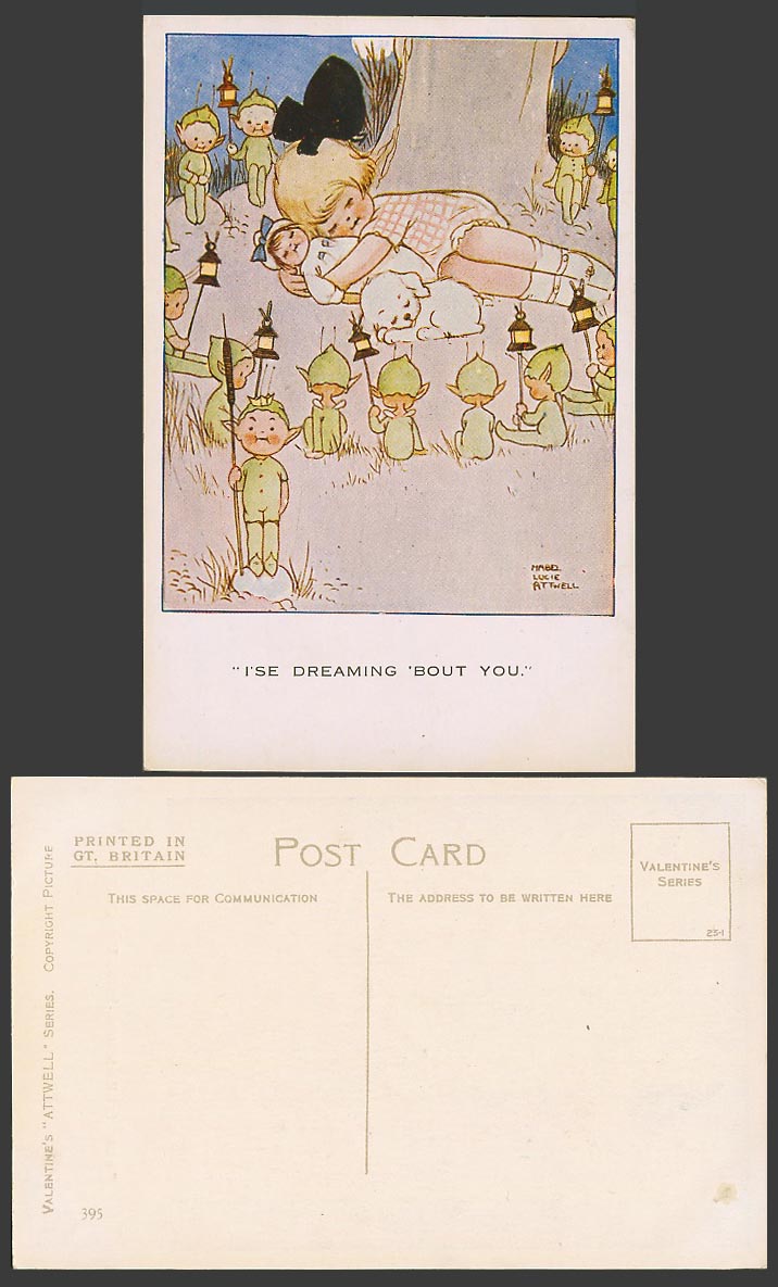 MABEL LUCIE ATTWELL Old Postcard I'se Dreaming 'bout You. Fairies Dog & Doll 395