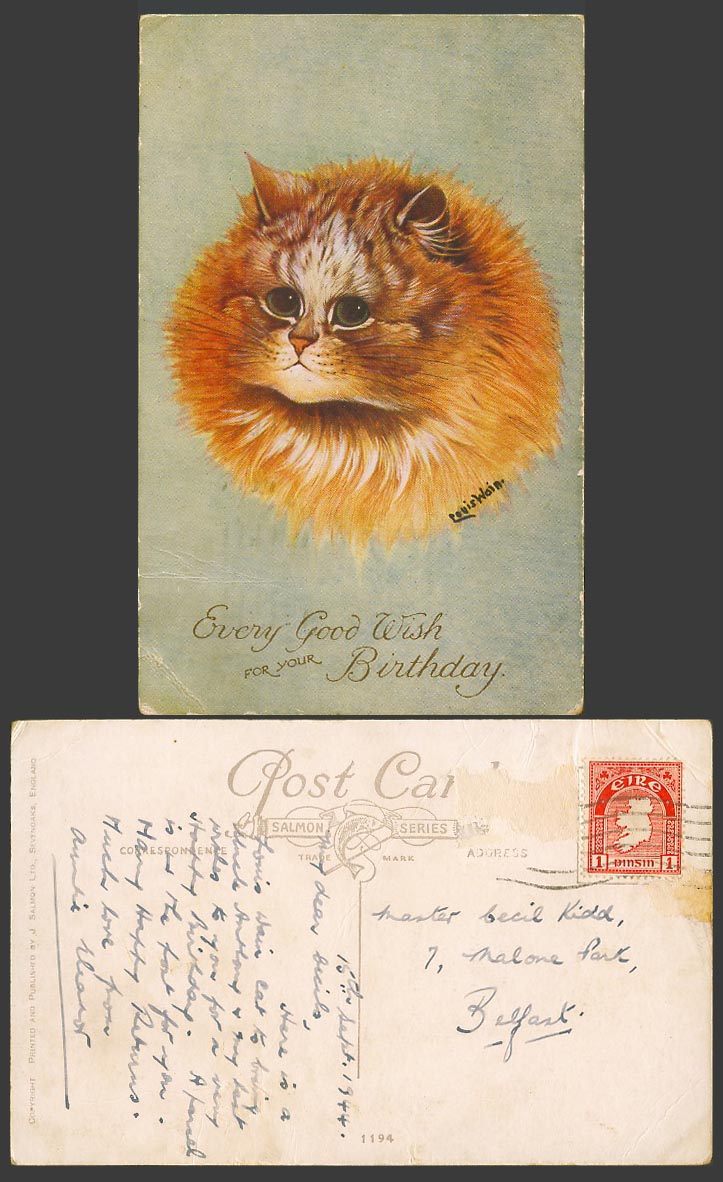 Louis Wain Artist Signed Cat Every Good Wish For Your Birthday 1944 Old Postcard