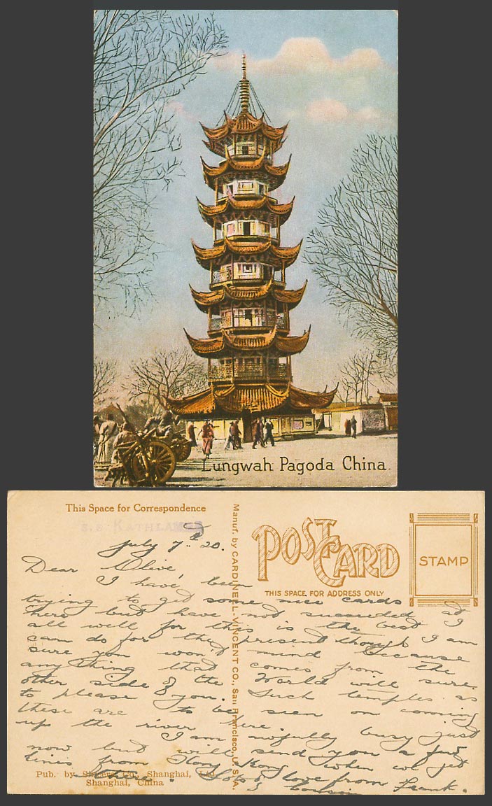 China 1920 Old Colour Postcard Lung Wha Lungwah Pagoda Shanghai Wheelbarrow Cart