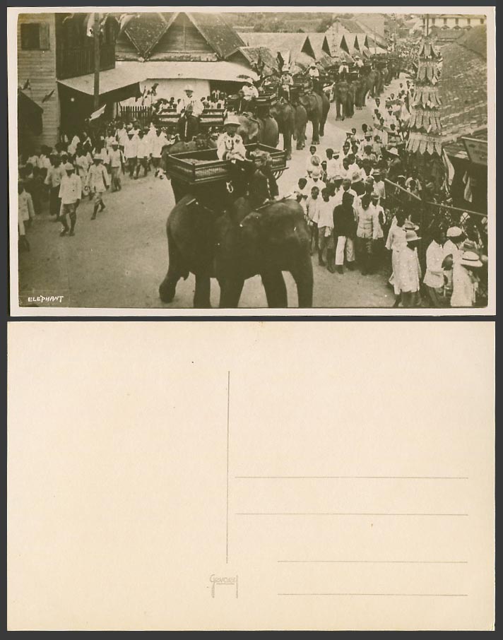 Singapore Old Real Photo Postcard Elephants, Elephant Procession on Street Scene