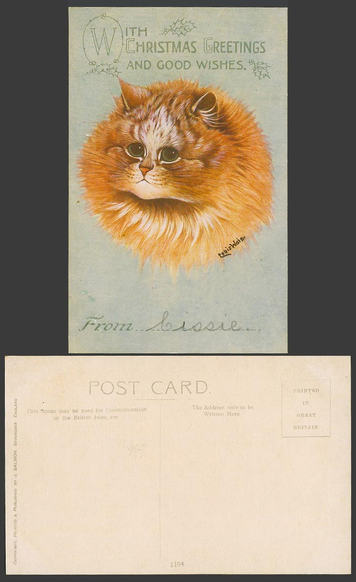 LOUIS WAIN Artist Signed Cat Kitten Christmas Greetings Good Wishes Old Postcard