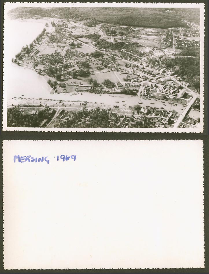 Malaysia Mersing 1969 Old Real Photo Postcard Bridge River Ship Boat Aerial View