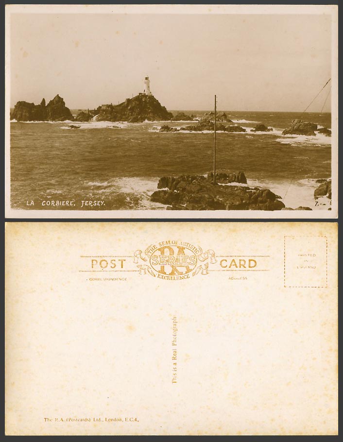 Jersey Old Real Photo Postcard La Corbiere Lighthouse, Rough Sea Rocks RA Series