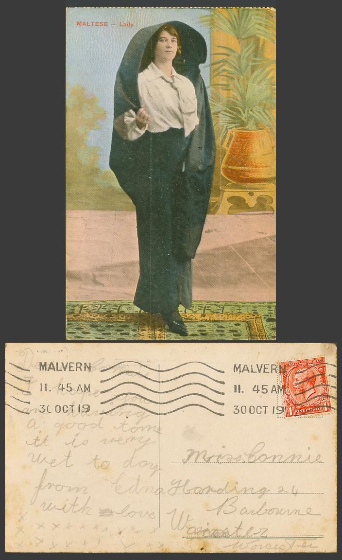 Malta 1919 Old Colour Postcard Maltese Lady Woman, FALDETTA Traditional Costumes
