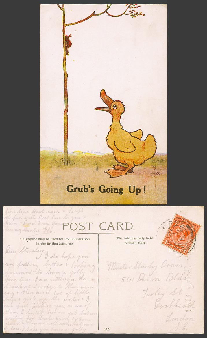 Reg Carter Artist Signed Old Postcard Grub's Going Up! Bird Duck Worm Climb Tree