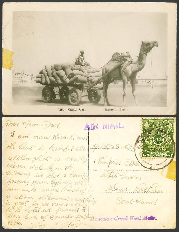 Pakistan As 4 Stamp Old Photo Postcard Camel Cart Karachi, Minwala's Grand Hotel