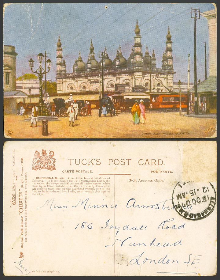 India 1907 Old Tuck's Oilette Postcard Dhurmtollah Musjid Calcutta, Trams Street