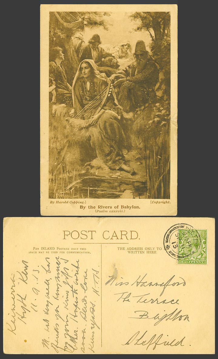 Harold Copping By The Rivers of Babylon, Young Woman with Harp 1913 Old Postcard