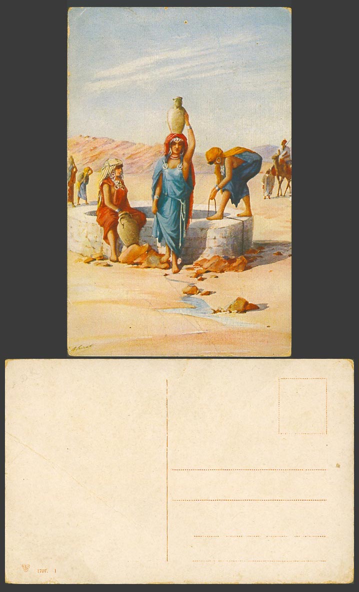 Egypt Artist Signed Old Postcard Women Girls Drawing Water from Well Camel Rider