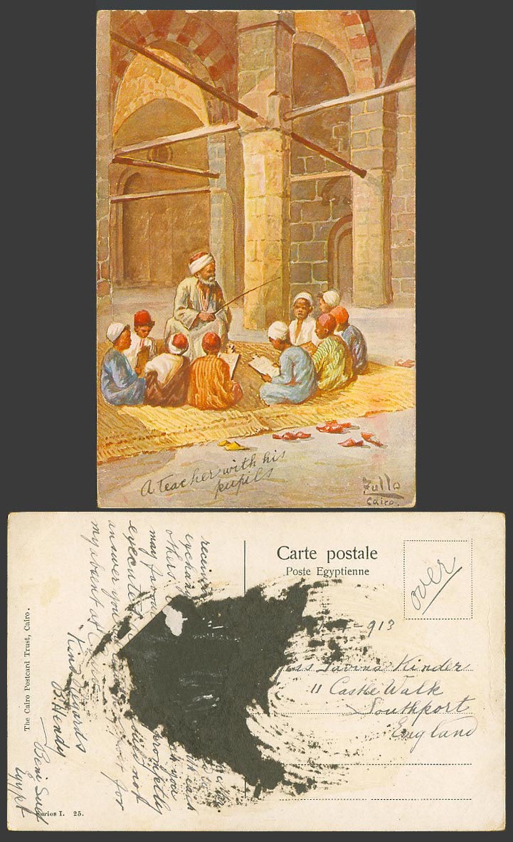 Egypt ZULLO 1913 Old Postcard Cairo Arabic School Schoolboys Teacher with Pupils