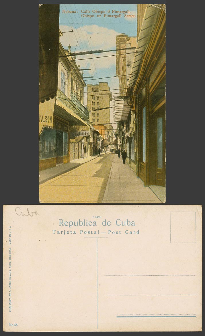 Cuba Old Postcard Habana Havana Calle Obispo or Pimargall Street, La Casa Wilson
