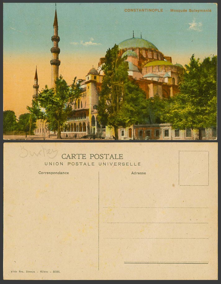 Turkey Old Colour Postcard Constantinople Mosquee Suleymanie Mosque Towers 8086