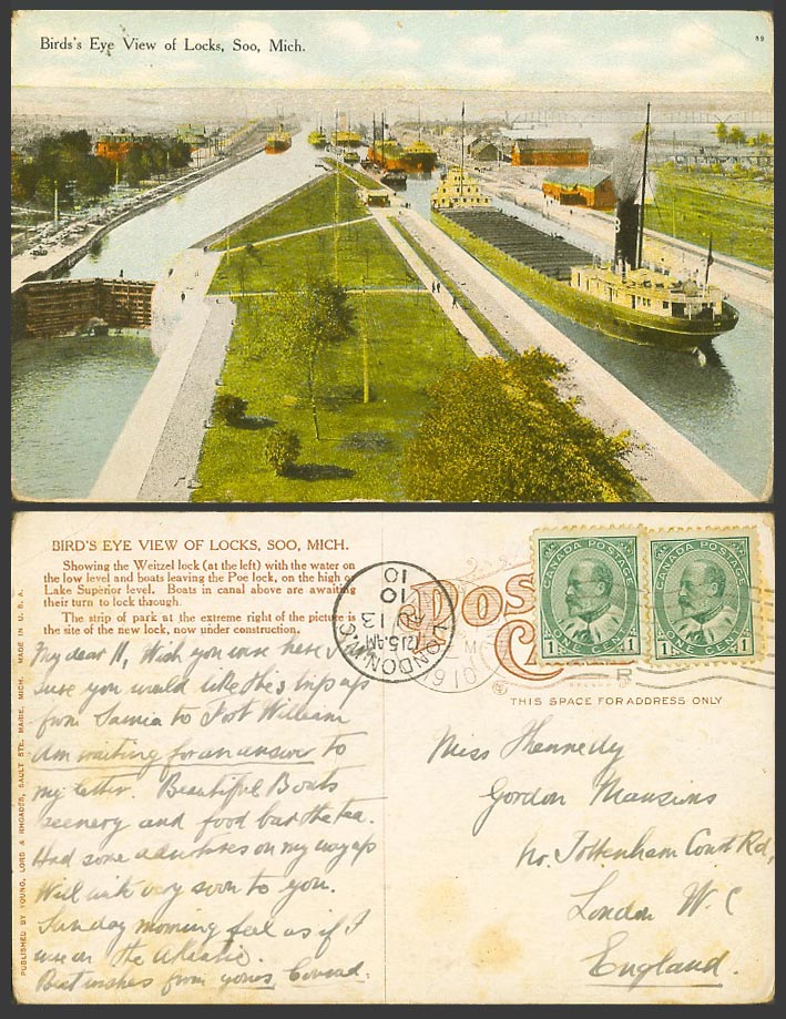 USA 1910 Old Postcard Bird's Eye View of Locks, Soo, Michigan, Canal Ships Boats