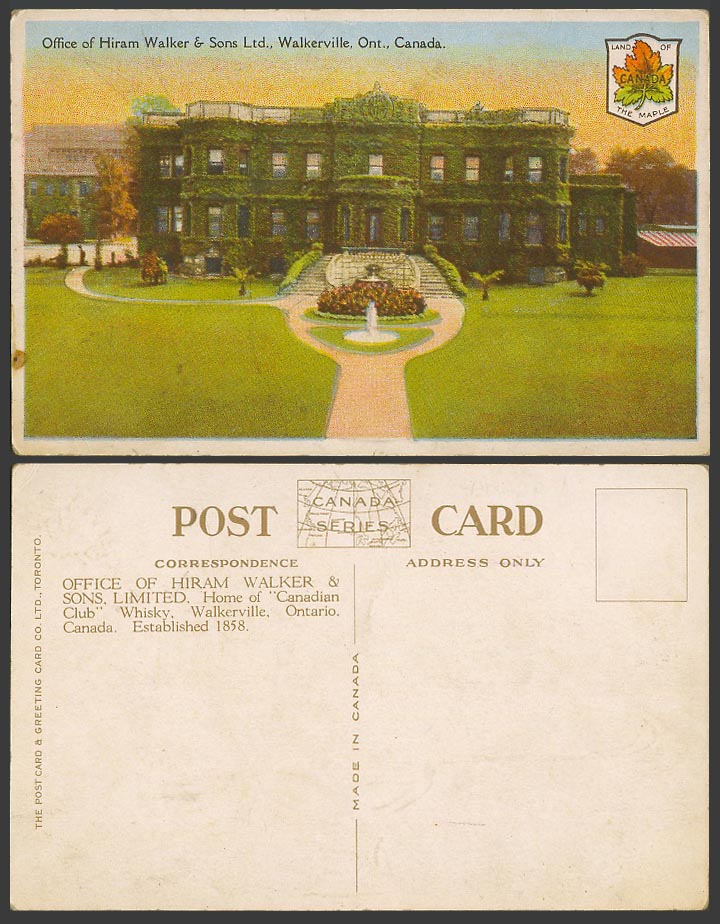 Canada Old Colour Postcard Office of Hiram Walker & Sons Ltd., Walkerville, Ont.