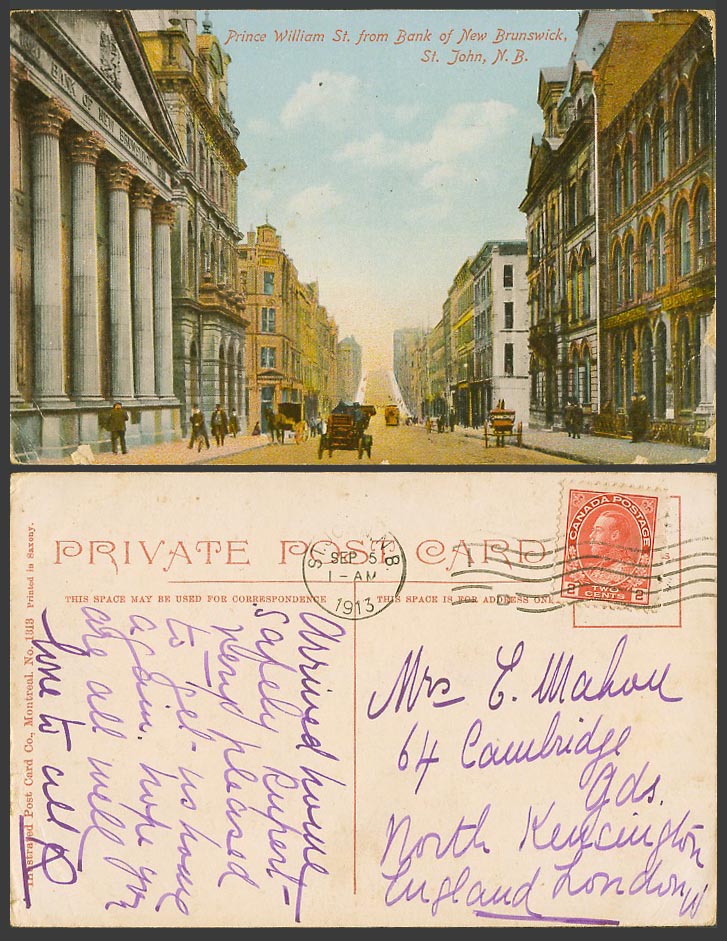 Canada 1913 Old Postcard Prince William Street f. Bank of New Brunswick St. John