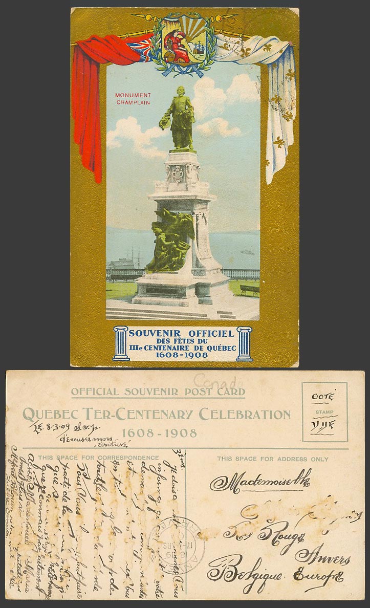 Canada 1909 Old Postcard Monument Champlain Fetes Centenaire de Quebec 1608-1908