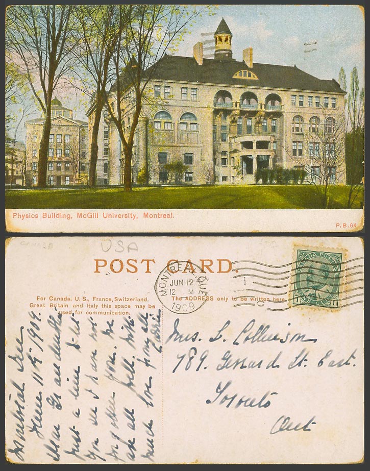 Canada 1c 1909 Old Colour Postcard Physics Building, McGill University, Montreal