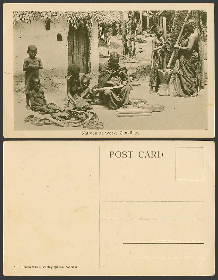 Zanzibar Old Postcard Natives at Work, Women Children Baby, House, Mortar Pestle