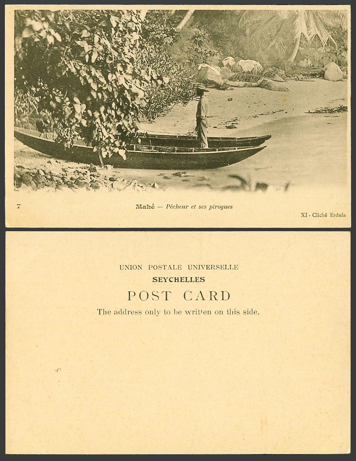 Seychelles Old UB Postcard Mahe Mahé Pecheur et ses pirogues, Fisherman & Canoes