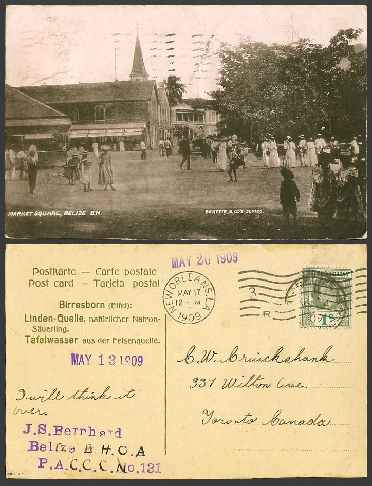 BELIZE British Honduras KE7 1c 1909 Old Postcard Market Square Street Scene Ads.