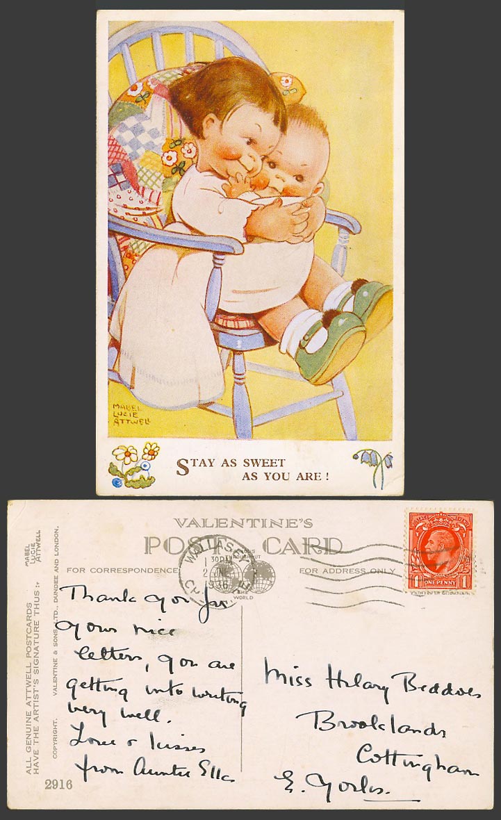 MABEL LUCIE ATTWELL 1936 Old Postcard Stay Sweet as You Are Girl Holds Baby 2916