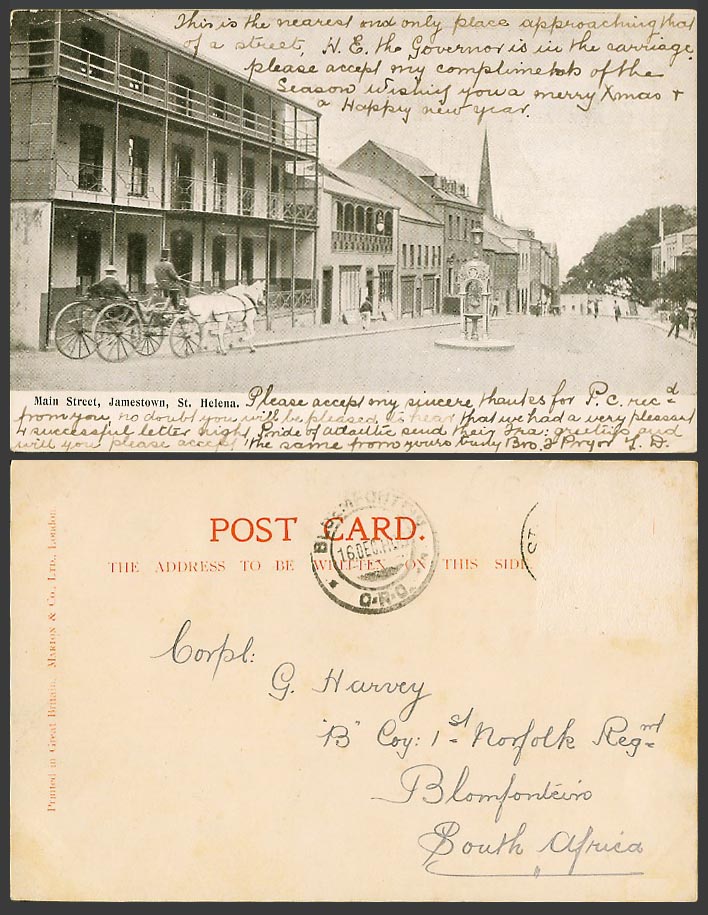St. Helena 1905 Old UB Postcard Main Street Scene Jamestown, Horse Cart Fountain