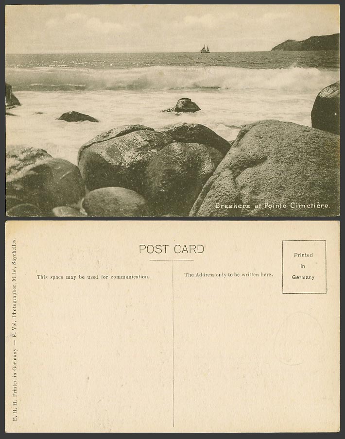 Seychelles Old Postcard Breakers at Pointe Cimetiere Cimetière Sailing Boat Rock