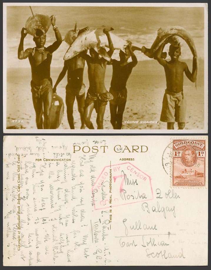Gold Coast Ghana KG6 1d Censored 1939 Old Postcard Young Sharks Fish Native Boys
