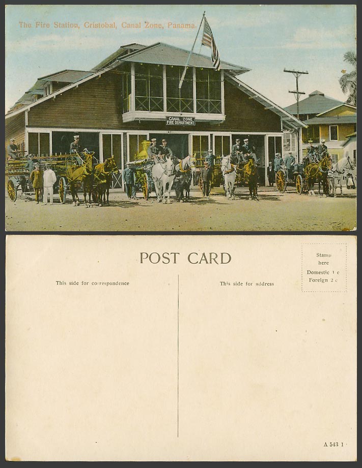 Panama Old Postcard Fire Station Cristobal Canal Zone Fire Department Horse Cart