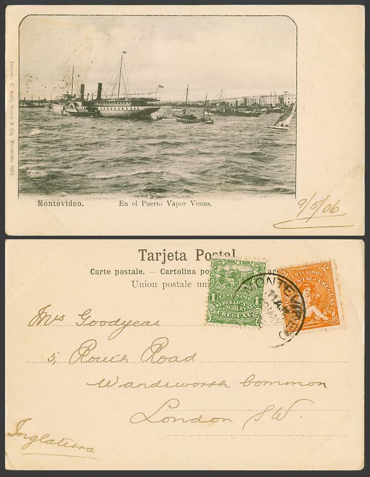 Uruguay Montevideo 1906 Old UB Postcard Puerto Vapor Venus, Paddle Steamer Ships