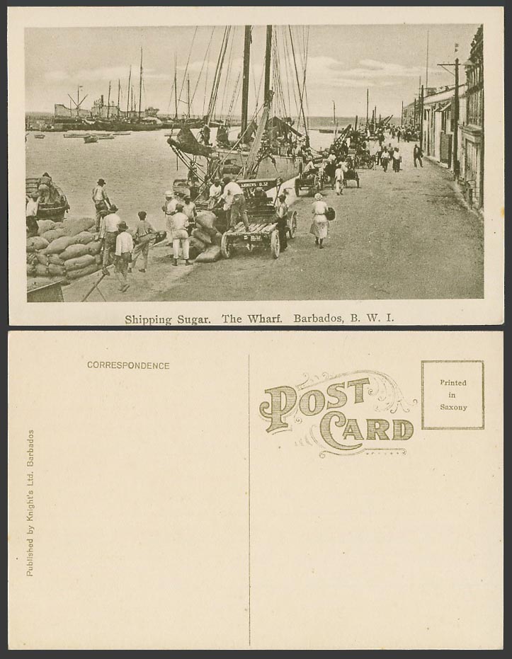 Barbados Old Postcard Shipping Sugar, The Wharf Ships Boats Harbour Street Scene