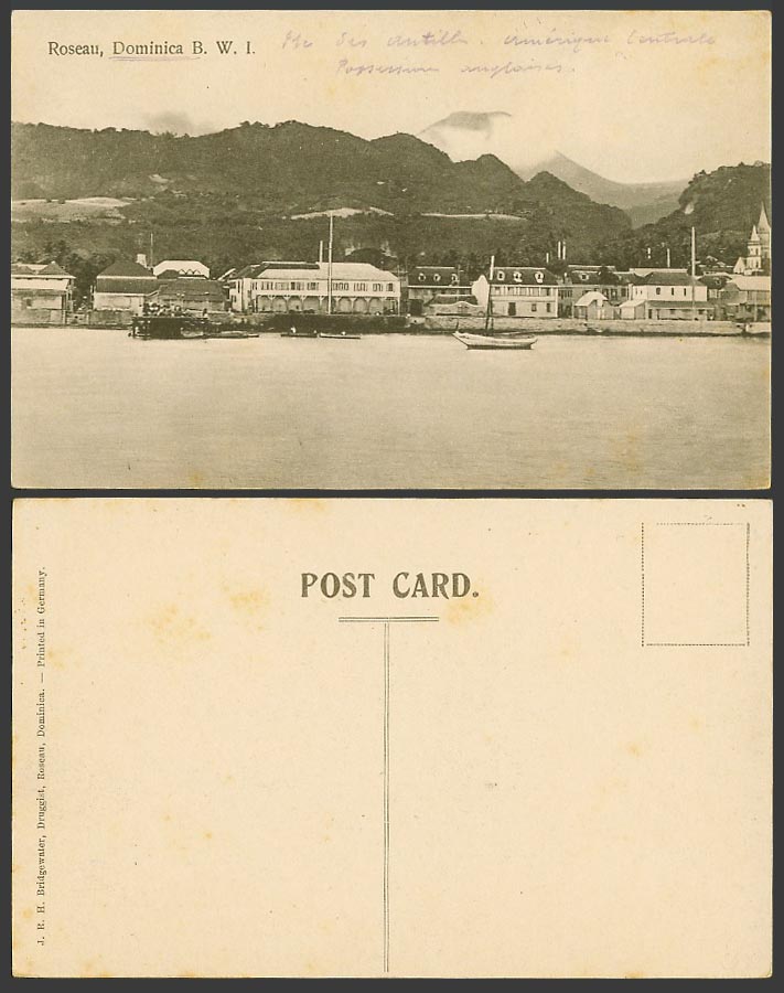 Dominica Old Postcard ROSEAU Dominica Boats Harbour Quay Volcano Mountain Church