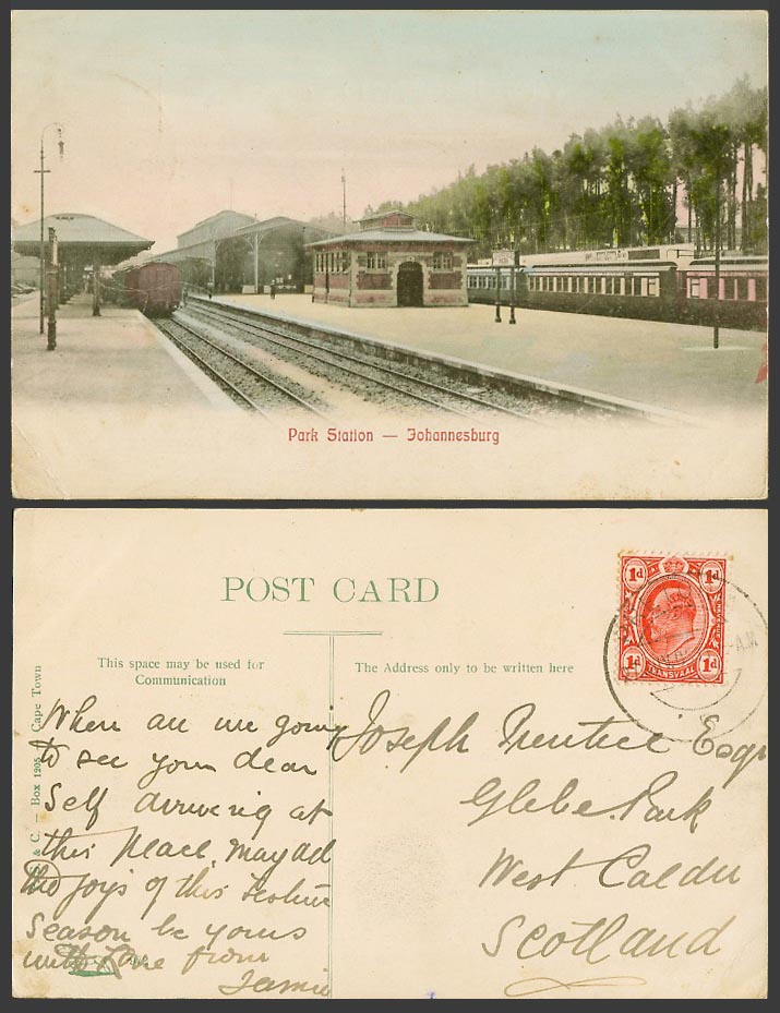 South Africa KE7 1d 1905 Old Tinted Postcard Johannesburg, Park Station & Trains